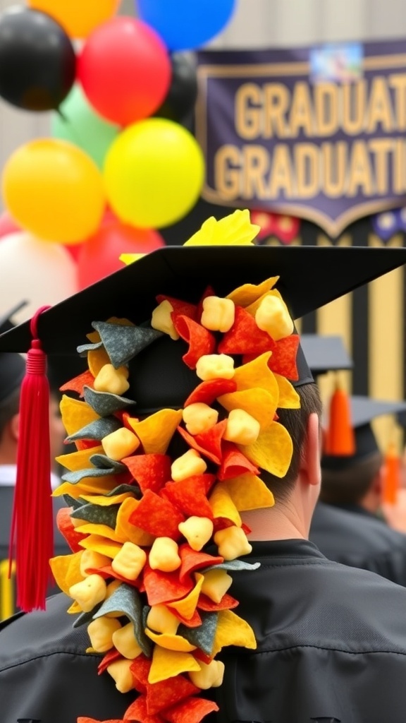 A colorful chips lei made of tortilla chips and cheese puffs, displayed on a graduation cap.